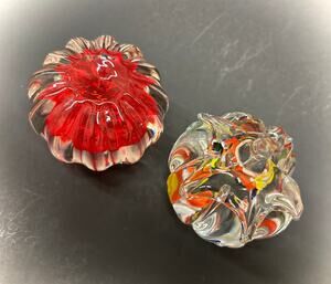Art Glass Paperweights, Holiday Theme Confetti and Crimson, VTG Japan Lot of 2